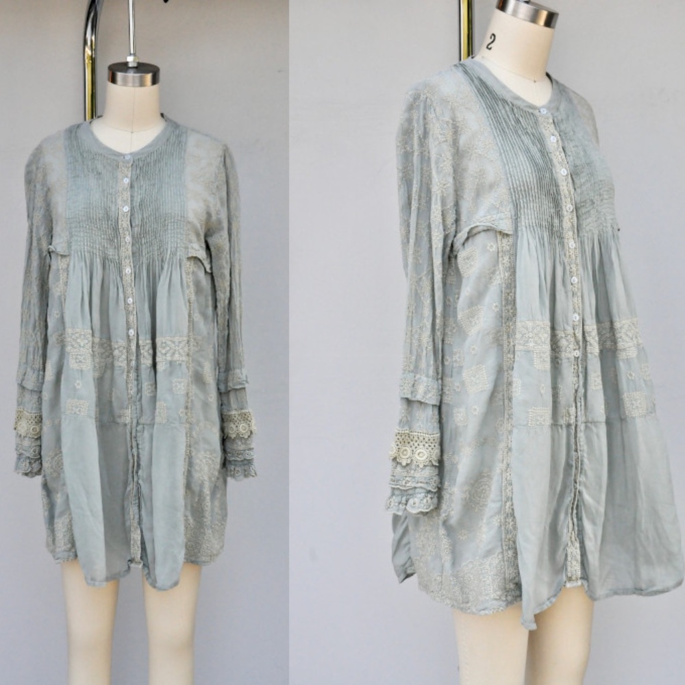 Johnny Was Heavily Embroidered Mini Dress Gray Button Down Bohemian Gypsy XS